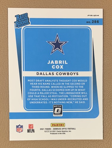 JABRIL COX DALLAS COWBOYS ROOKIE 2021 PANINI DONRUSS OPTIC (PURPLE PRIZM) #286 - Picture 2 of 2