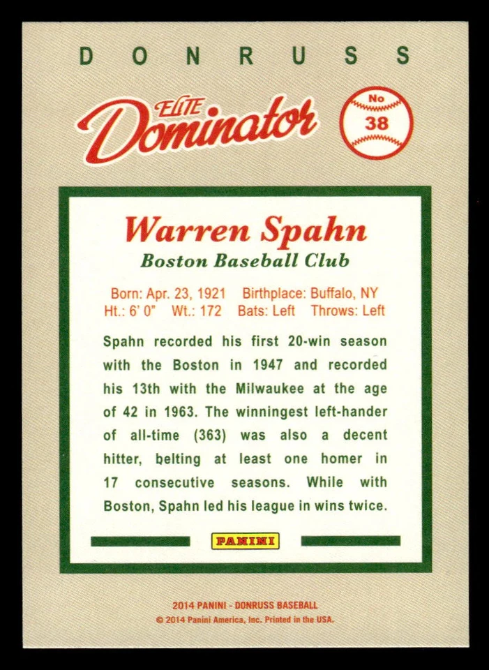 2014 PANINI HALL OF FAME 75TH YEARELITE DOMINATOR WARREN SPAHN 38 MINT BRAVES - Image 2 of 2