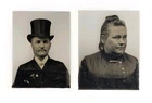 Tintype Photo Pair Victorian Man In Top Hat Woman Portrait 1800s Antique