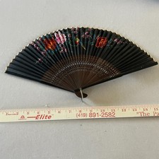 Vintage Wooden  Paper Hand Fan Fold Up 1930-1940s Black Japan Floral