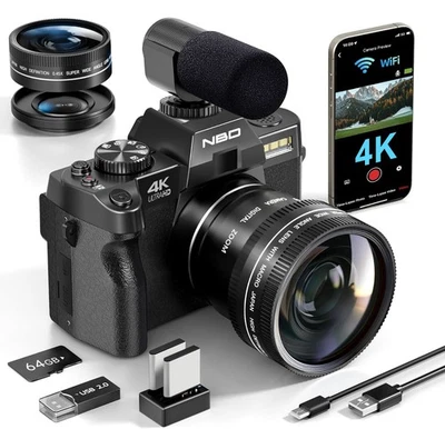 NBD Digital Camera 4K 48MP 16X Anti-Shake Vlogging Camera WiFi W/ 2 Battery 64GB TF