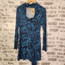 BCBGeneration Dress Blue Marine Abstract Palm Print Costal Modern Med Mock Neck