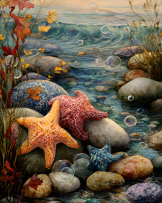 8x10 Cozy Storybook Starfish on Rocks in Water Art Print Cottagecore - 897227168