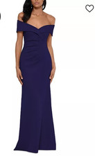 Xscape Womens Sz 8 Off-The-Shoulder Scuba Crepe Ruched Gown Navy Blue Bridesmaid