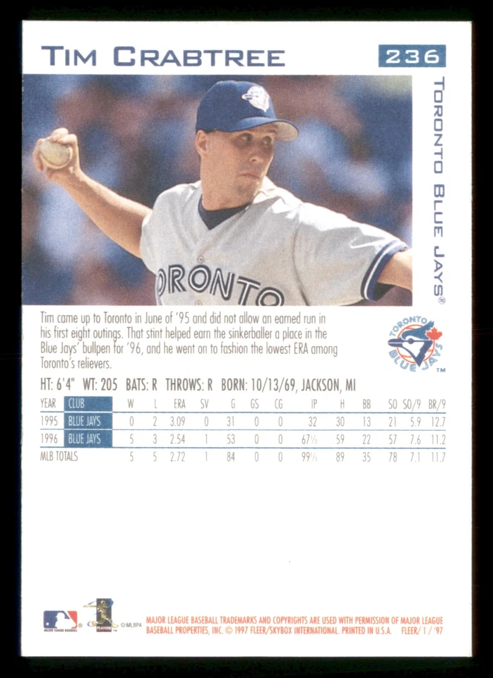 1997 Fleer #236 - Tim Crabtree - Toronto Blue Jays - Image 2 of 2