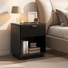 Fluted Nightstand Charging Station,Wood Modern Night Stands Storage Black 