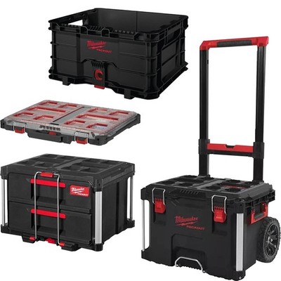 Milwaukee Black PACKOUT Large Trolley Box, 2 Drawer Tool Box, Slim Organiser & C