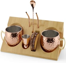 Moscow Mule Mugs Set - 2 Stainless Steel, Copper-Plated Cocktail Mugs with Bambo