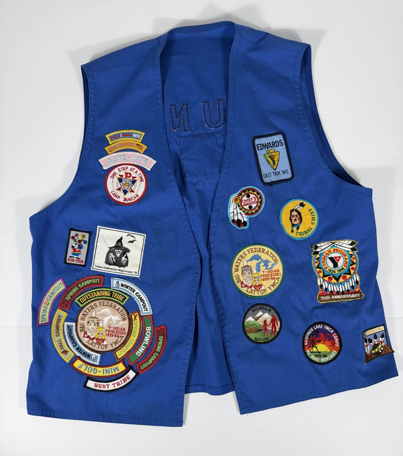 Vtg YMCA Patch Vest Mens M Blue Indian Princesses Tribal 90s Halloween Camp