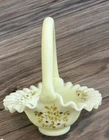 Vintage Fenton Satin Custard Uranium Glass Ruffled Basket Hand Painted / Signed