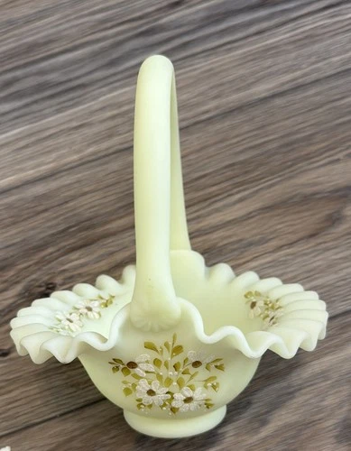 Vintage Fenton Satin Custard Uranium Glass Ruffled Basket Hand Painted / Signed