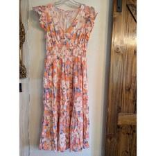GAP Women Large Floral Flutter Sleeve Smocked Waist Tiered Maxi Dress Orange L