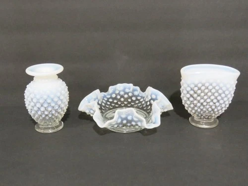 3 Fenton French Opalescent Hobnail - 2 Mini Vases & Bonbon Dish