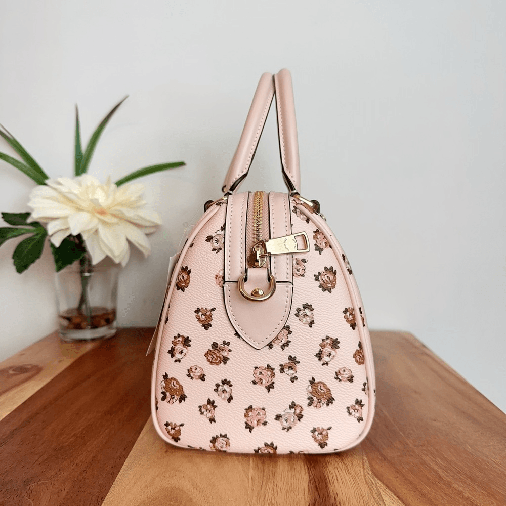 ショルダーバッグ・ポシェット Coach Rowan Satchel Bag Rose Print CY681 Coach CY681 Rowan Satchel Bag Rose Print Coated Canvas Blush
