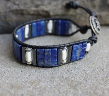 Men's Lapis and white Turquoise Beaded Black Leather Cuff Bracelet NEW