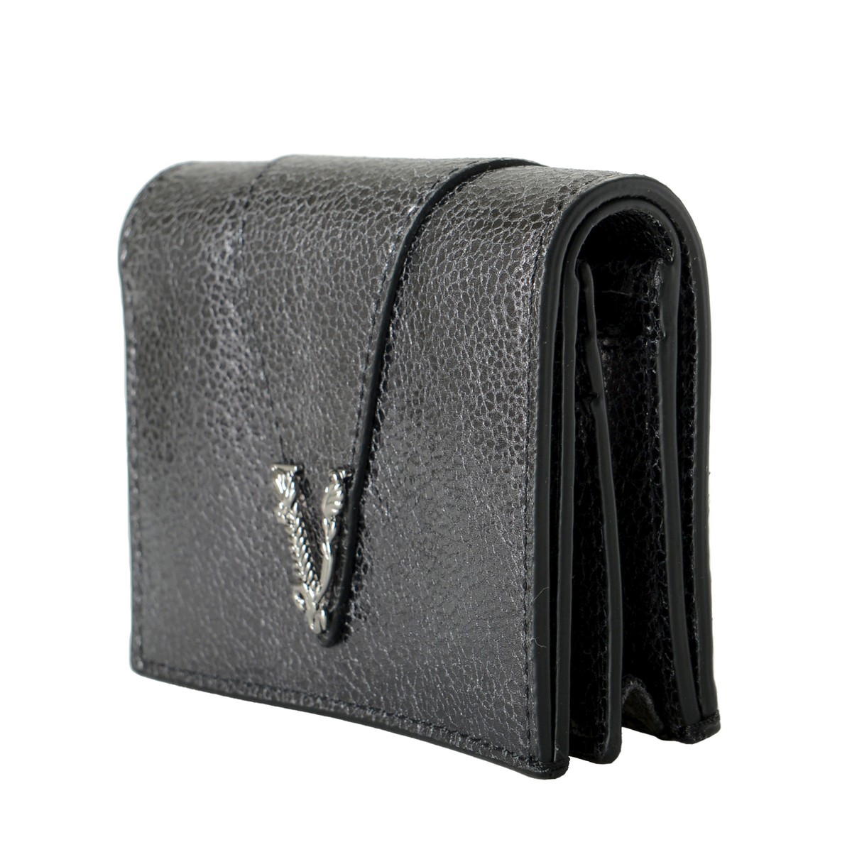 Versace★素敵!l Gray Textured Leather V-Logo Wallet Versace Women's Metal Gray 100% Textured Leather V-Logo