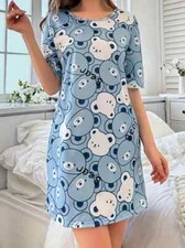 Woman's Cute Bear & Letter Print Loose Fit Night / Lounge Dress - L (US 8-10)