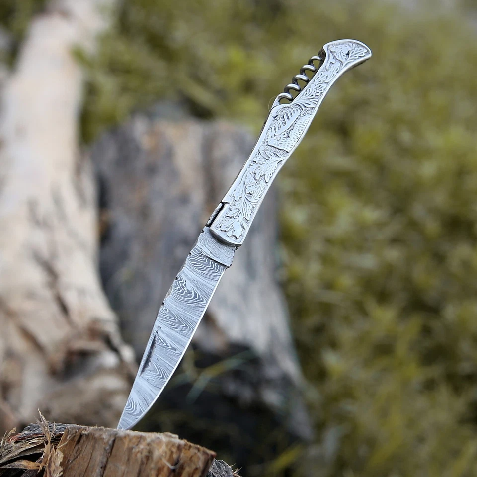 Damasco Hecho a Mano Laguiole Cuchillo Plegable Cuchillo de Bolsillo Camping Caza Cuchillo Pouc Foto 4 de 4