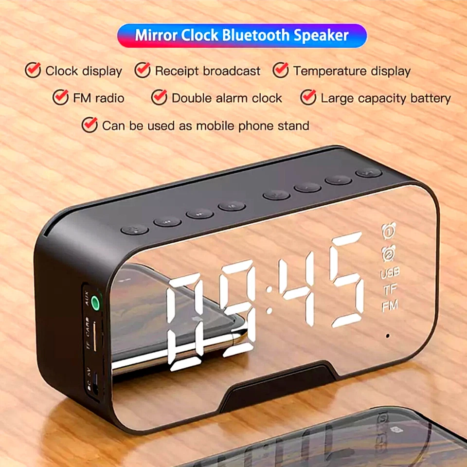 Reloj Despertador Con Espejo LED Radio FM De Bluetooth Música Inalámbrica Alarma Foto 4 de 4