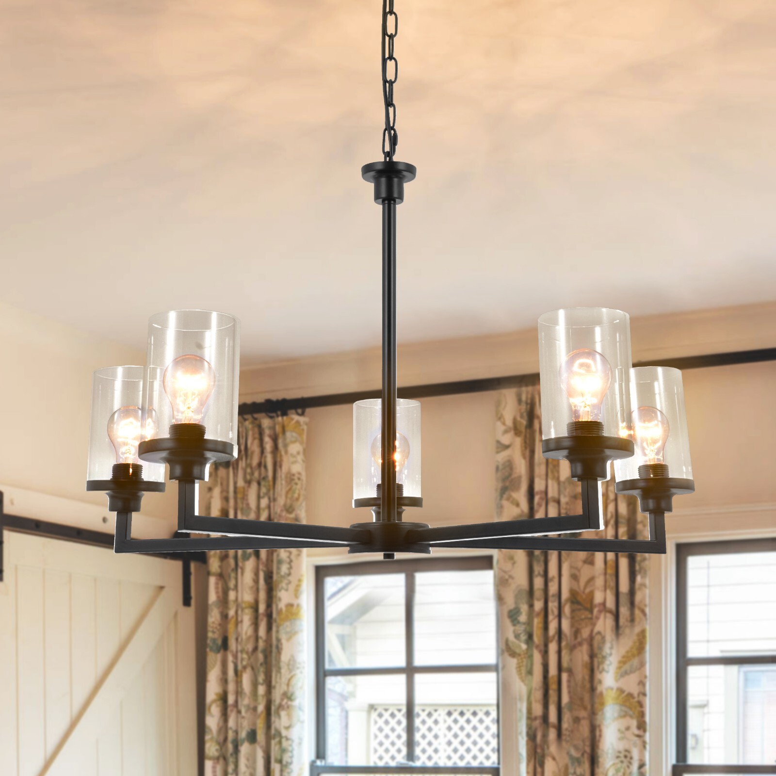 Farmhouse Chandelier Cylinder Clear Glass Vintage Black 5-Light  Pendant Lamps