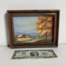 Vintage Original Miniature Oil Painting -Landscape Autumn Fall Forest -Signed