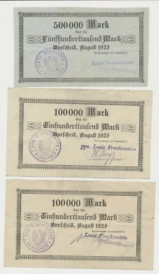 BURSCHEID 500.000 Mark + 2x 100.000 Mark Louis Frankenstein Notgeld ( K 56 - Bild 1 von 2