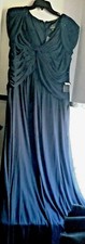Adrianna Papell Long Dress Teal Blue V-neck Sequined Draped Gown Cap Slv size14