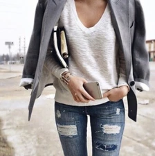 Fits 4 - 6  ~ Smythe Sharp Shoulder One Button Blazer Jacket Gray Taupe