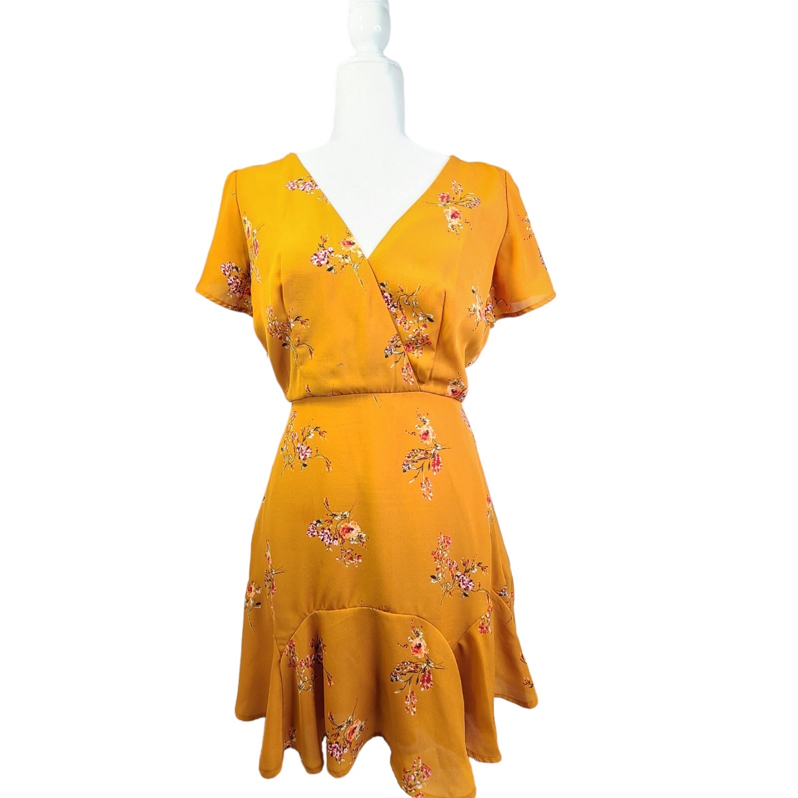 Abito prendisole Fila A aderente e svasato giallo senape finto avvolgente Ditsy taglia small