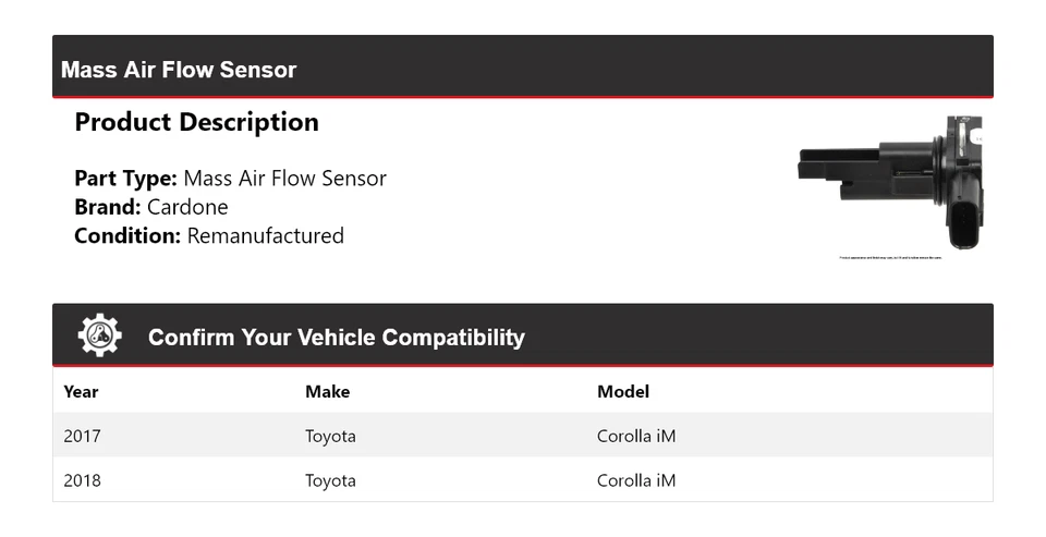 For 2017-2018 Toyota Corolla iM Mass Air Flow Sensor Cardone - Image 2 of 4