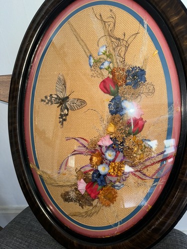 Vintage MCM Bubble Dome Glass Framed Floral Convex Art Flowers Butterfly Pair - Picture 5 of 7
