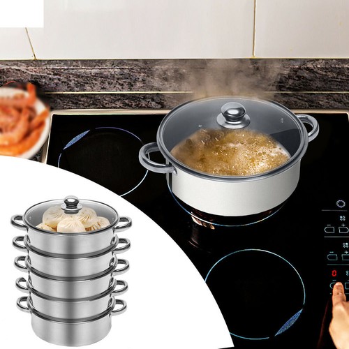 INDUCTION HOB STEAMER 5TIER MULTI VEG COOKER POT PAN SET S/S STEEL WITH LID TOOL - Picture 5 of 12
