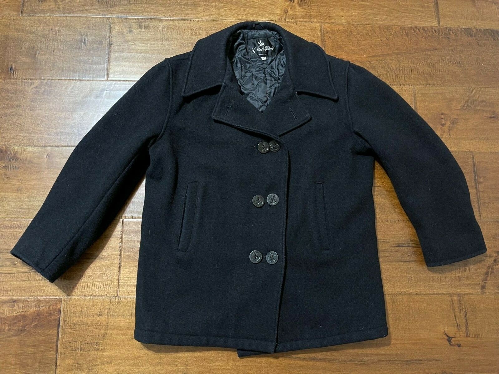 Vintage Golden Fleece Made in USA Black Wool Over Dock Naval Peacoat - Men's 44