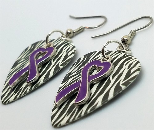 Purple Ribbon Heart Charm Guitar Pick Earrings with Surgical Steel Earwires - Picture 5 of 30