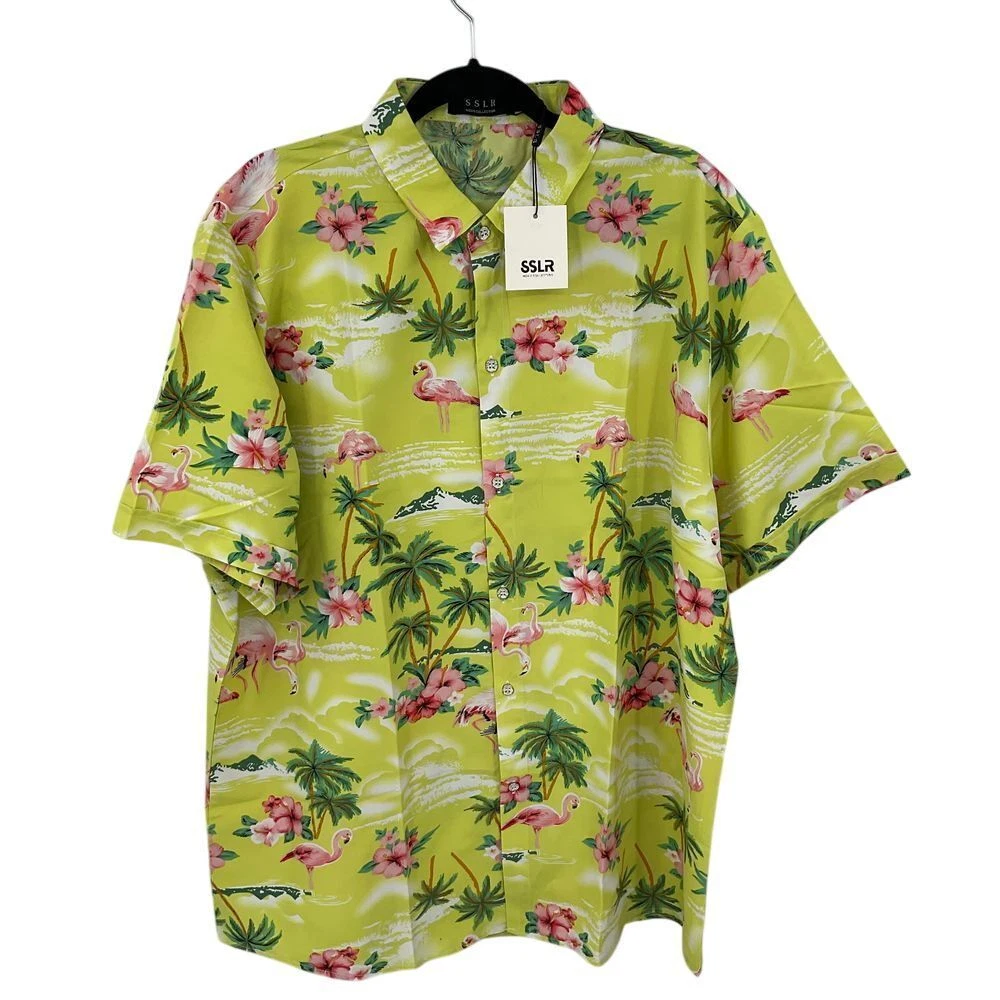 SSLR Mens Hawaiian Shirt 2XL Flamingo Palm Tree Tropical Button Down Lime Green