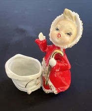 VTG 1950s UCAGCO JAPAN Ceramic CAROLING GIRL in Red Gold Cane & Bag w/sticker