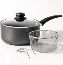 Non Stick Chip Pan Deep Fat Fryer Cooking Pot Frying Basket With Lid Set 22cm