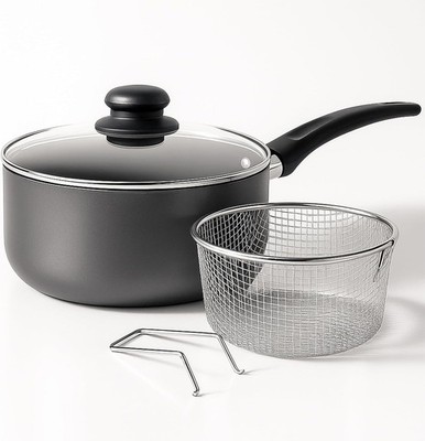 Antihaftbeschichtete Spanpfanne Friteuse Kochtopf Bratkorb mit Deckel Set 22 cm