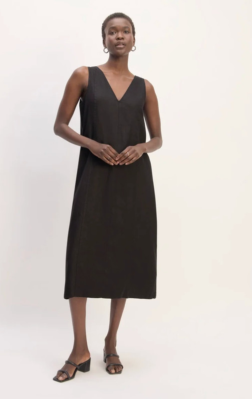 Everlane Black Linen Midi Dress Sz 6 Sleeveless V-Neck Minimalist Capsule