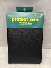 New Protect Onn. Tablet Folio Case 7"-8" Tablets Blk Synthetic Leather Adj Stand