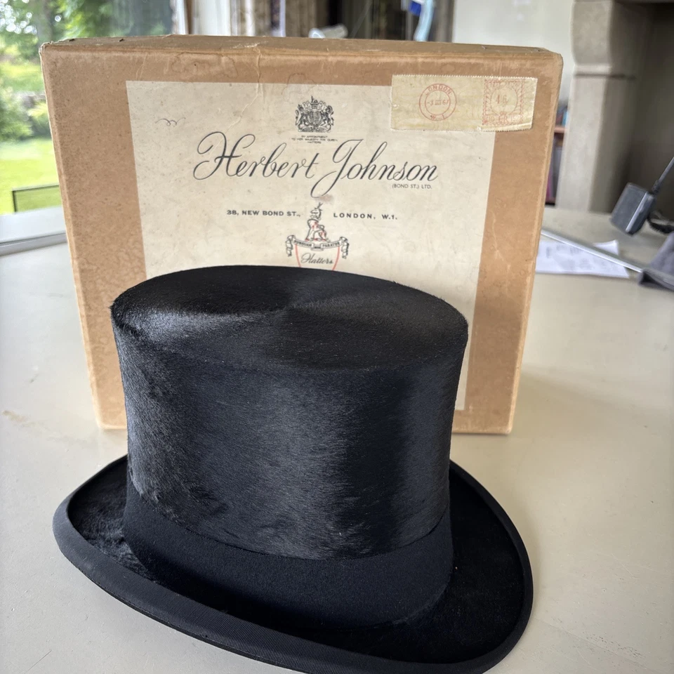 Vintage Black Silk Top Hat Herbert Johnson 1967 . Size 6 7/8 - 7. - Image 1 of 4