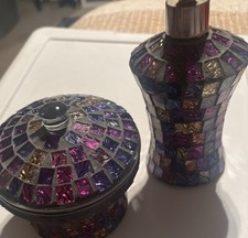 2-Piece Mosaic Glass Bathroom Accessory Set Soap Dispenser  Dish Purple Gold