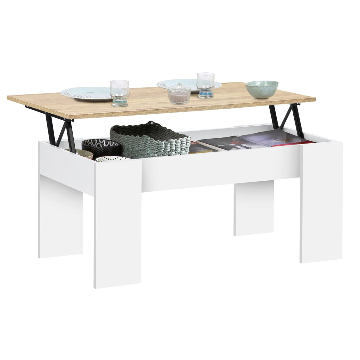 Table basse plateau relevable TARA 100 cm rectangulaire bois blanc et hêtre
