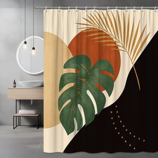 Modern Boho Shower Curtain with Green Leaves and Abstract Design