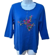 Quacker Factory Top Women's Size Small Royal Blue Beaded Embroidery Short Sleeve