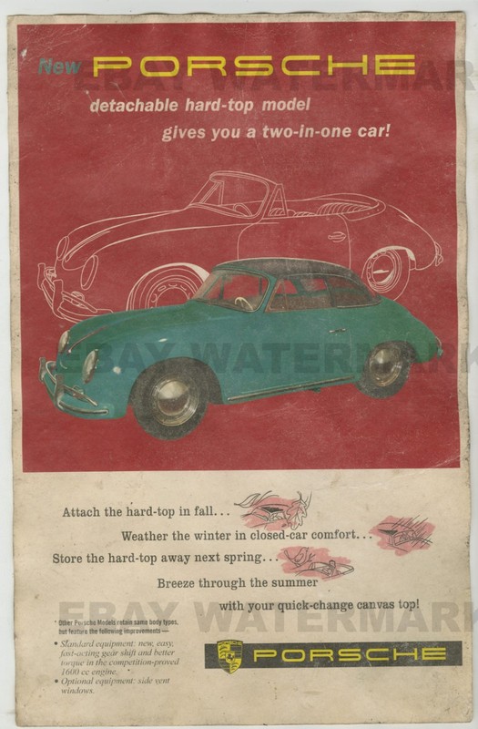 1950's Porsche 356A T2 Cabriolet Advertising Poster 11 x 17 Removable Hardtop