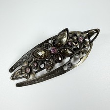Vintage Antiqued Bronze Tone Filigree Hair Barrette Clip Butterfly Rhinestones