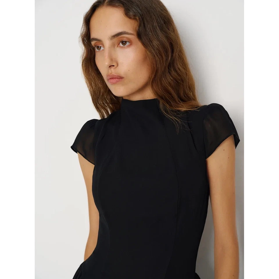 Reformation Maven Dress Black Mock Neck Cap Sleeve Midi Size 4 - Image 3 of 4