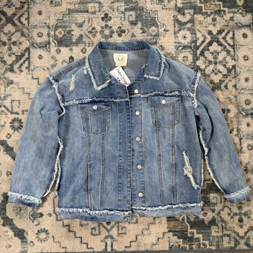 Fantastic Fawn Distress Denim Jacket with Raw Frayed Hem Size Medium