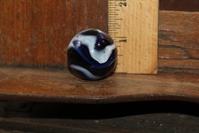 Vintage Machine Made Large Glass Shooter Marble Cobalt Blue White Swirl 1-1/4"